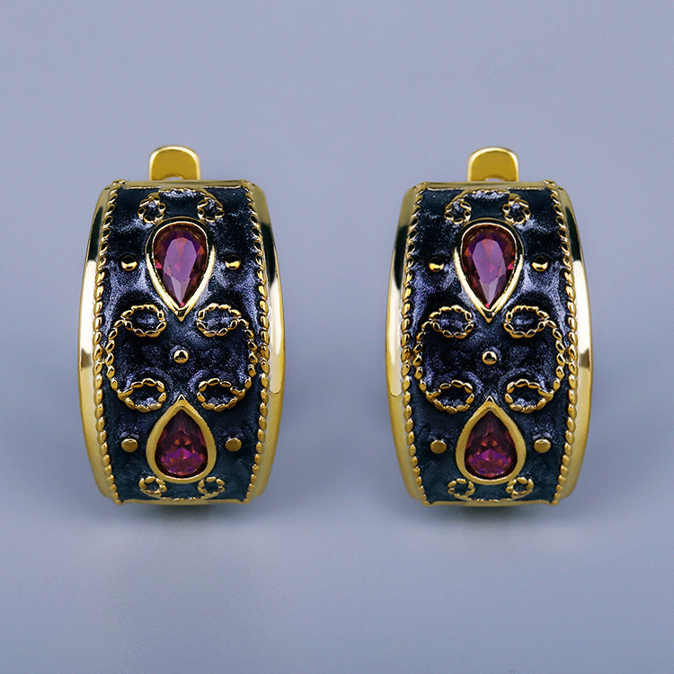 Ruby Gold Plated Earrings Vintage Enamel Two-tone