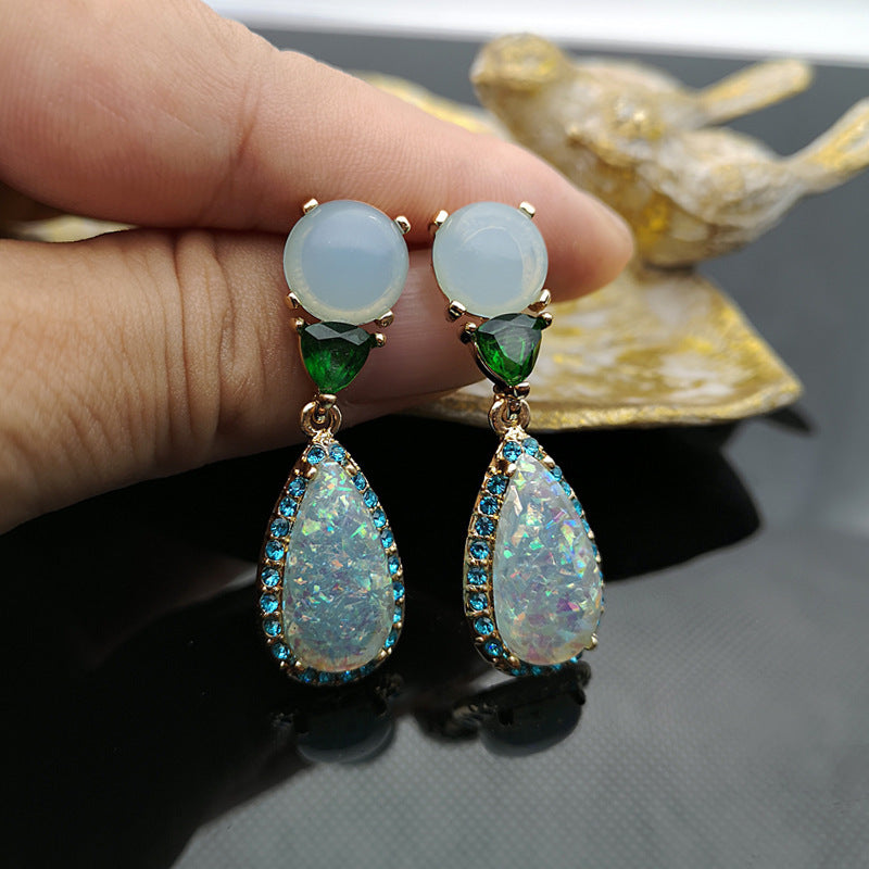 Noble Imitation Natural Jade and Chalcedony Opal Earrings