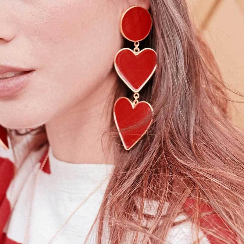 Drip Oil Enamel Red Love Big Dangle Statement Earrings