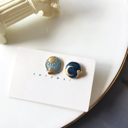 Sun Moon Stud Earrings Creative Round Oil Drop Earrings