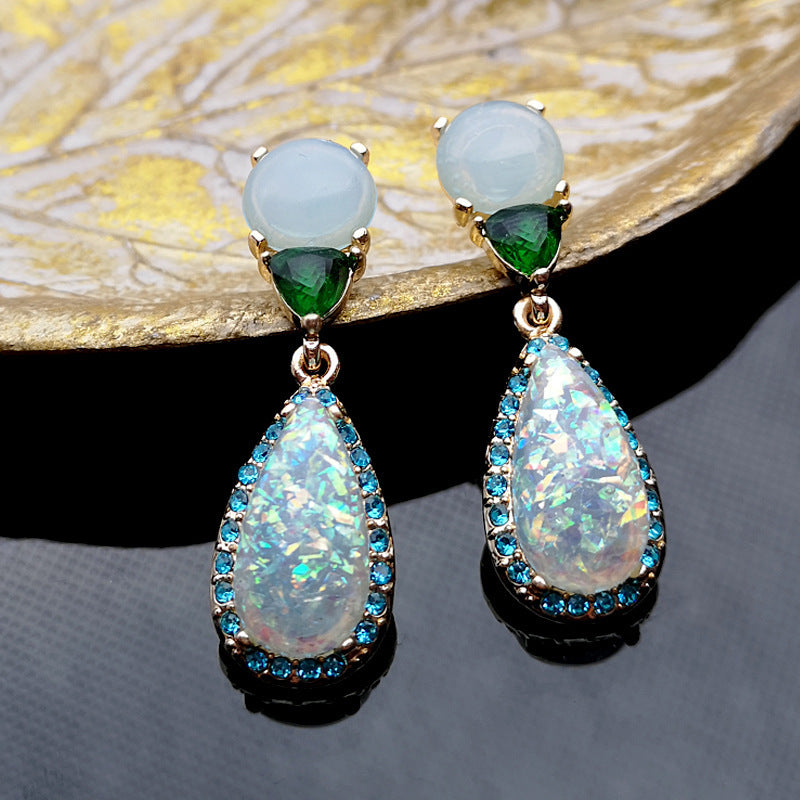 Noble Imitation Natural Jade and Chalcedony Opal Earrings