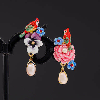 Female Gold-plated Pearl Flower And Bird Enamel Earrings