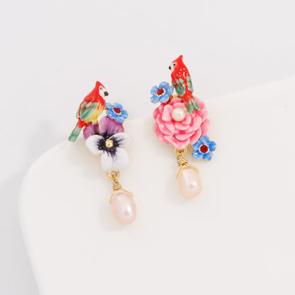 Female Gold-plated Pearl Flower And Bird Enamel Earrings