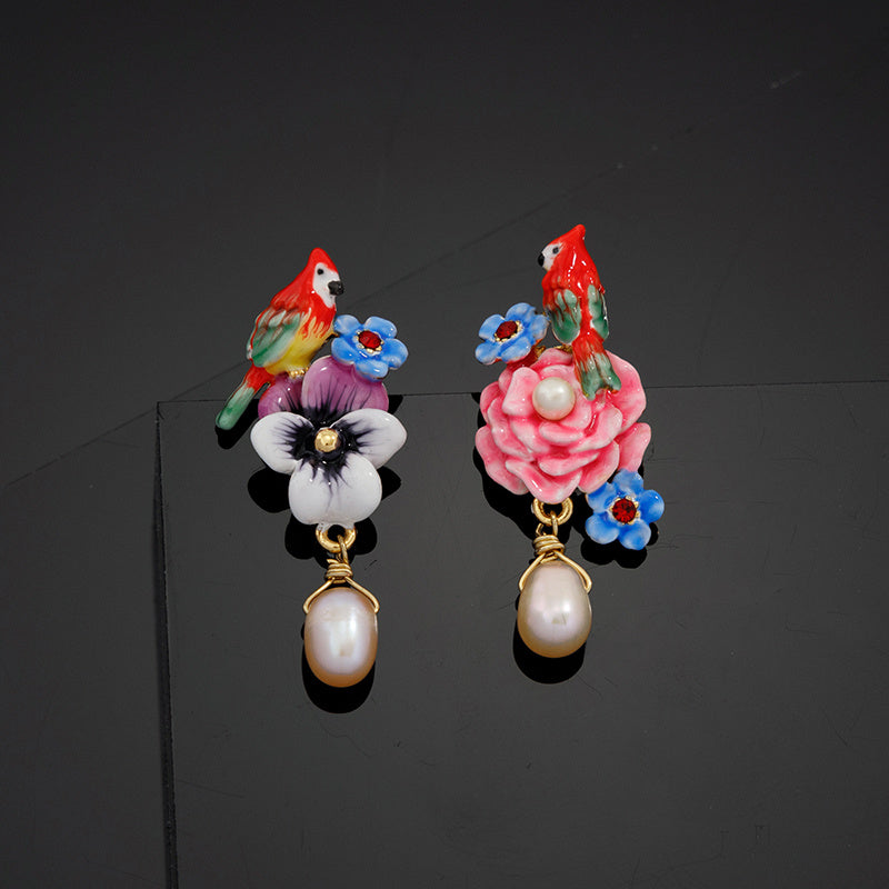 Female Gold-plated Pearl Flower And Bird Enamel Earrings