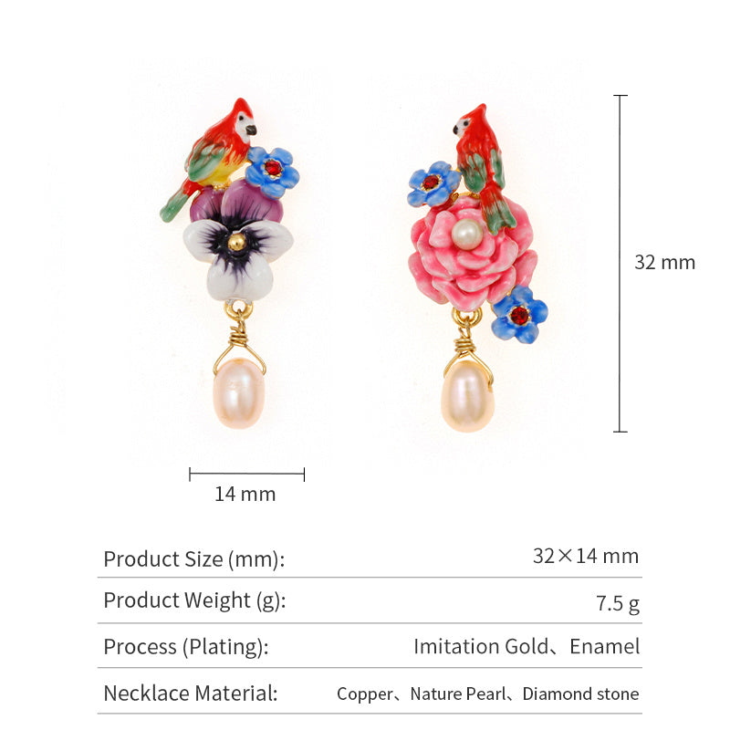 Female Gold-plated Pearl Flower And Bird Enamel Earrings