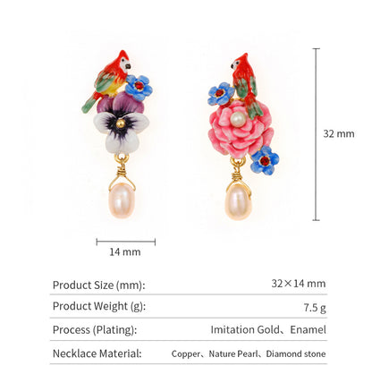 Female Gold-plated Pearl Flower And Bird Enamel Earrings