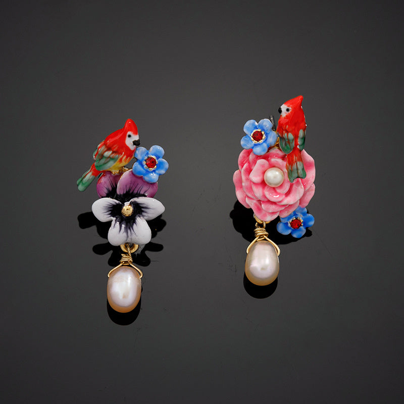 Female Gold-plated Pearl Flower And Bird Enamel Earrings