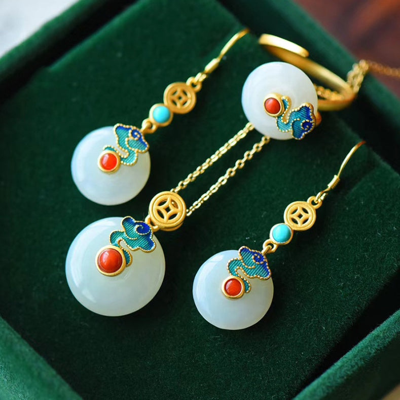 Hetian Jade Safe Buckle Earrings Pendant Ring Retro Set