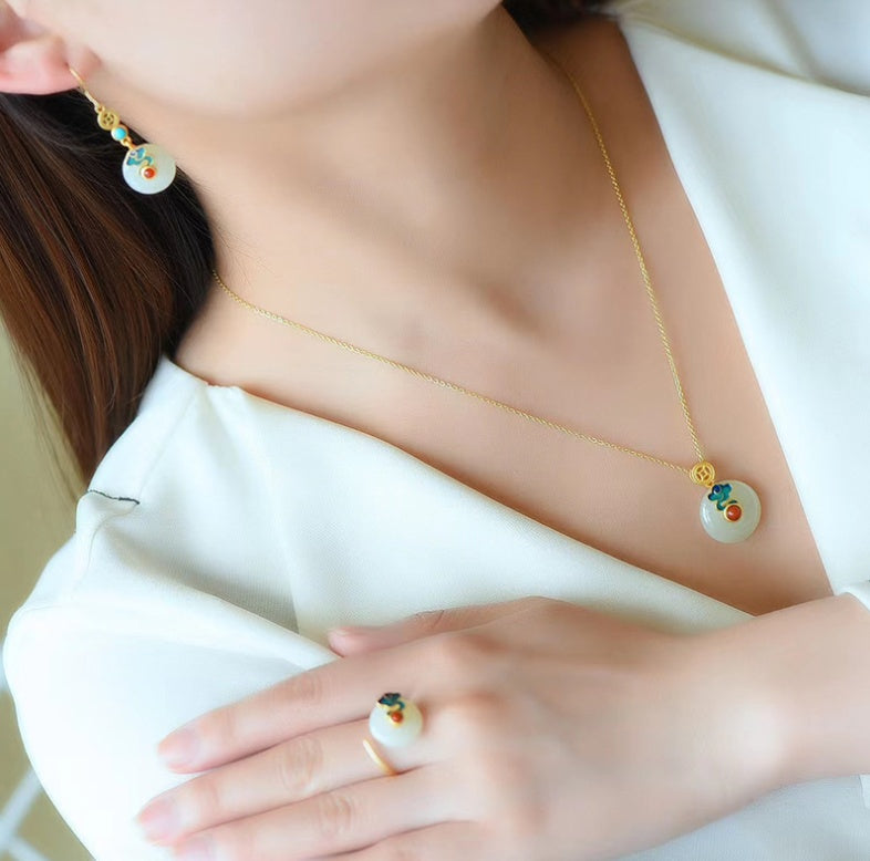 Hetian Jade Safe Buckle Earrings Pendant Ring Retro Set