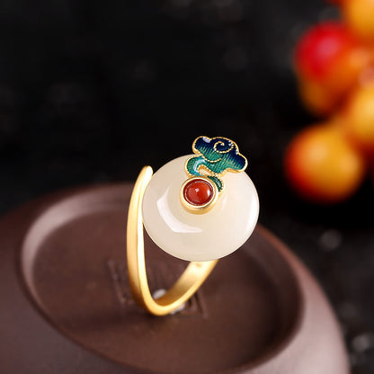 Hetian Jade Safe Buckle Earrings Pendant Ring Retro Set