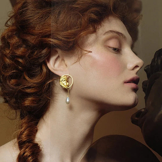 Pearl Silver Needle Vintage Stud Earrings Hollow Portrait Earrings