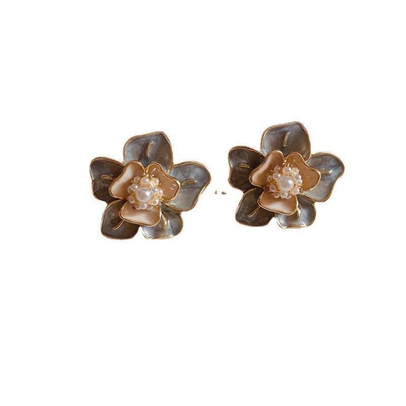 Boucles d'oreilles à tige en argent 925, fleur exquise française, goutte à goutte d'huile, perle d'émail, aiguille