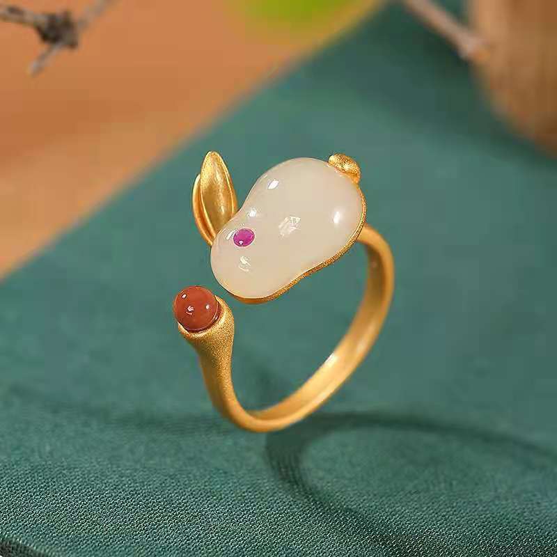 Bague mignonne avec boucles d'oreilles à tige en jade Hetian en argent sterling