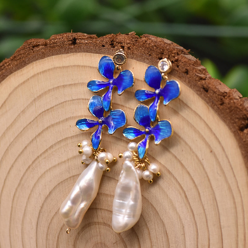 925 White Fungus Studs Cloisonne Leaf Earrings