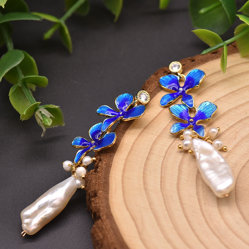 925 White Fungus Studs Cloisonne Leaf Earrings