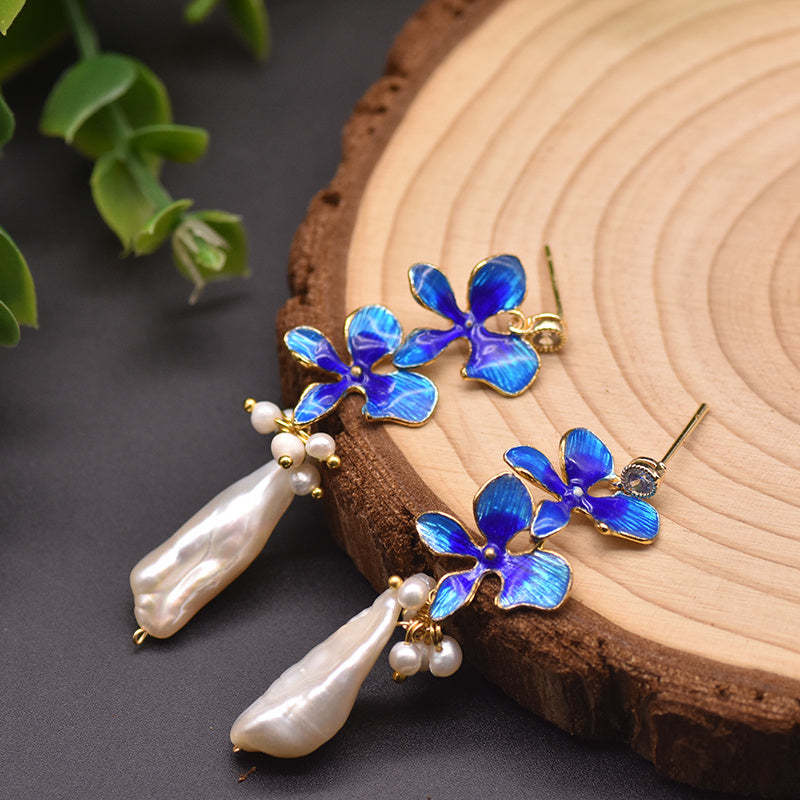 925 White Fungus Studs Cloisonne Leaf Earrings