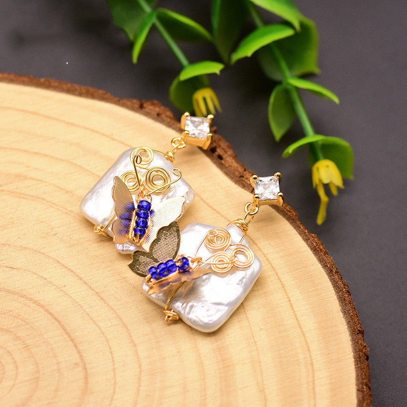 Boucles d'oreilles papillon en perles baroques naturelles en vermeil d'or 18 carats