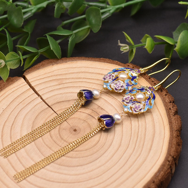 Boucles d'oreilles en perles d'eau douce naturelles, longues boucles d'oreilles cloisonnées vintage pour femmes, niche européenne et américaine