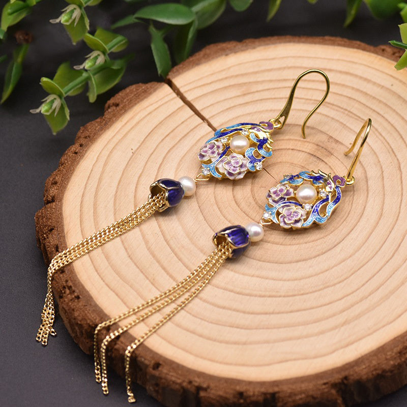 Boucles d'oreilles vintage en cloisonné et perles d'eau douce naturelles