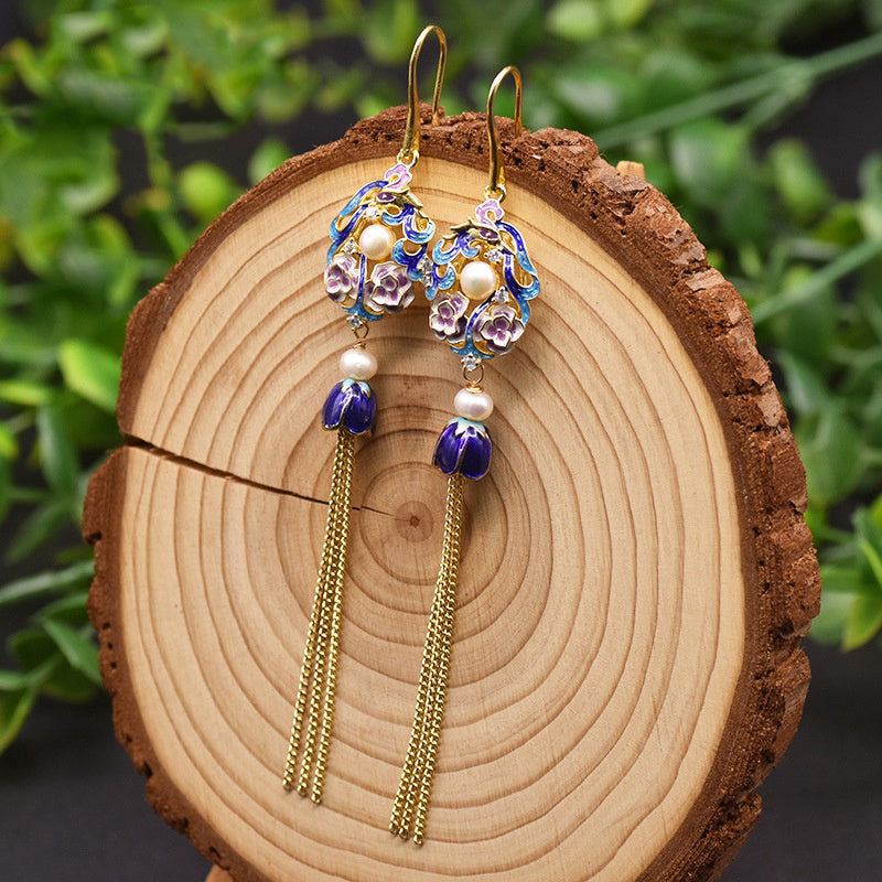 Boucles d'oreilles vintage en cloisonné et perles d'eau douce naturelles