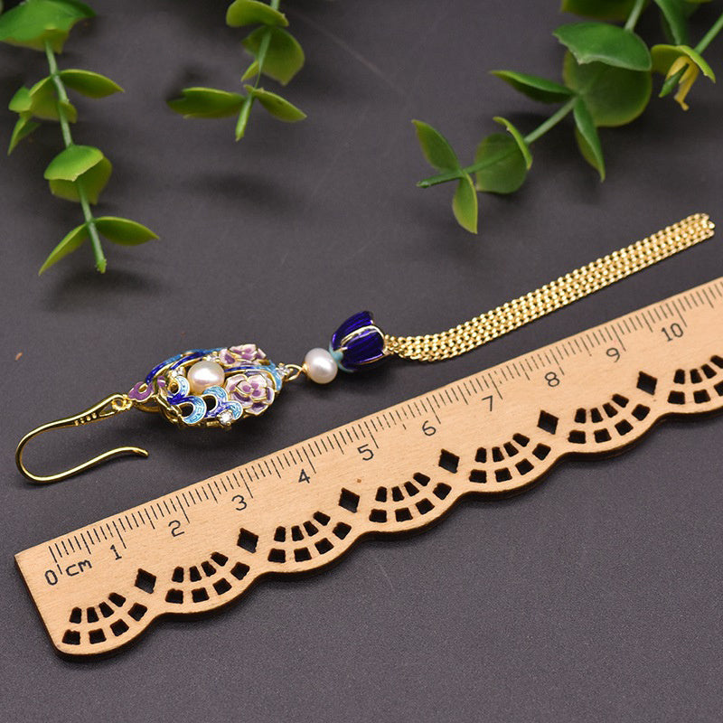 Boucles d'oreilles vintage en cloisonné et perles d'eau douce naturelles