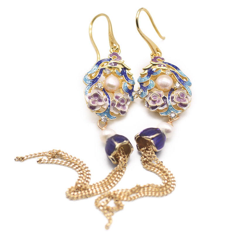 Boucles d'oreilles vintage en cloisonné et perles d'eau douce naturelles