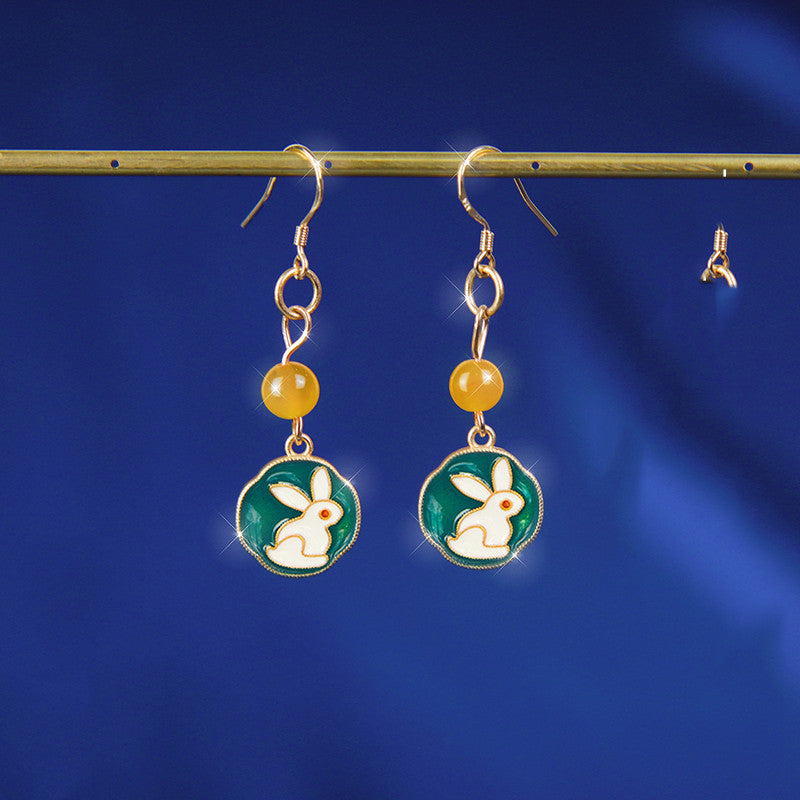 Enamel Bunny Earrings Female Sterling Silver Retro Temperament Jade Rabbit Earrings Crystal Pearls