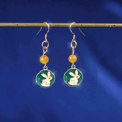 Enamel Bunny Earrings Female Sterling Silver Retro Temperament Jade Rabbit Earrings Crystal Pearls