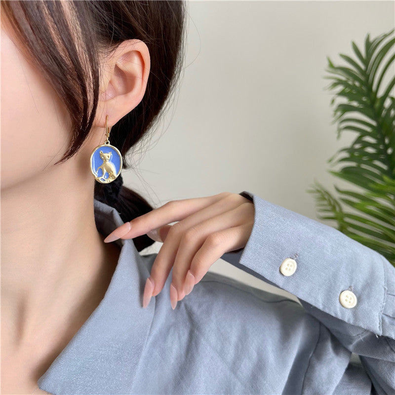 Boucles d'oreilles chat bleu dégoulinant d'huile en métal rétro japonais