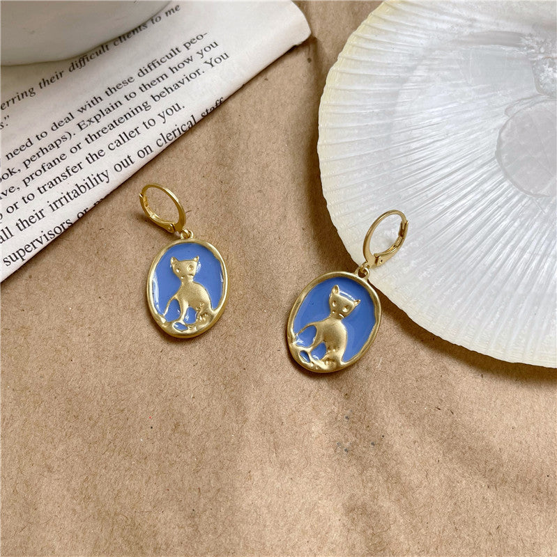 Boucles d'oreilles chat bleu dégoulinant d'huile en métal rétro japonais