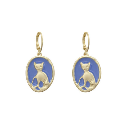 Boucles d'oreilles chat bleu dégoulinant d'huile en métal rétro japonais