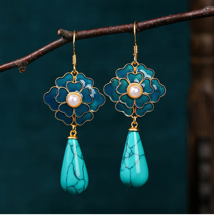 Boucles d'oreilles vintage Camellia Tian-Tsui en perles turquoise