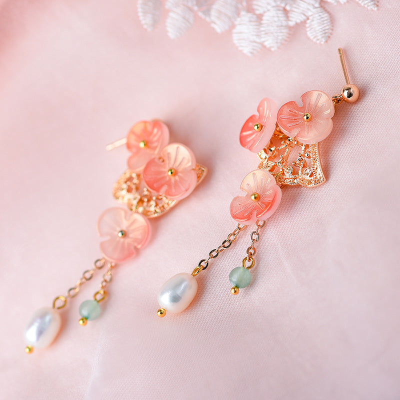 Boucles d'oreilles Mori en plaqué or avec perles et feuilles de ginkgo de style chinois