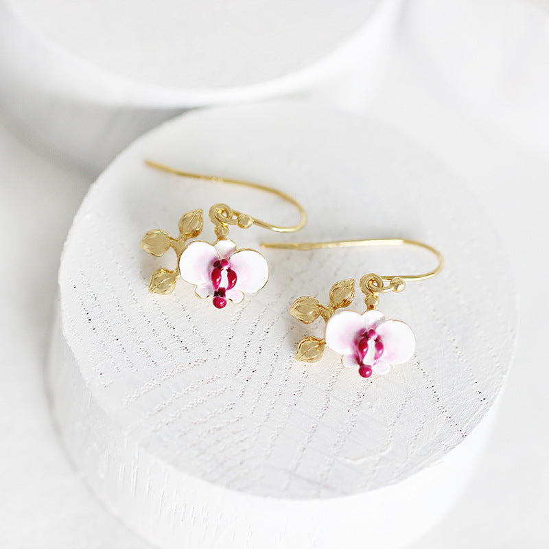 Sweet Style Phalaenopsis Series Hand Painted Enamel Flowers Silver Pin Earrings Ear Hook Temperament Wild