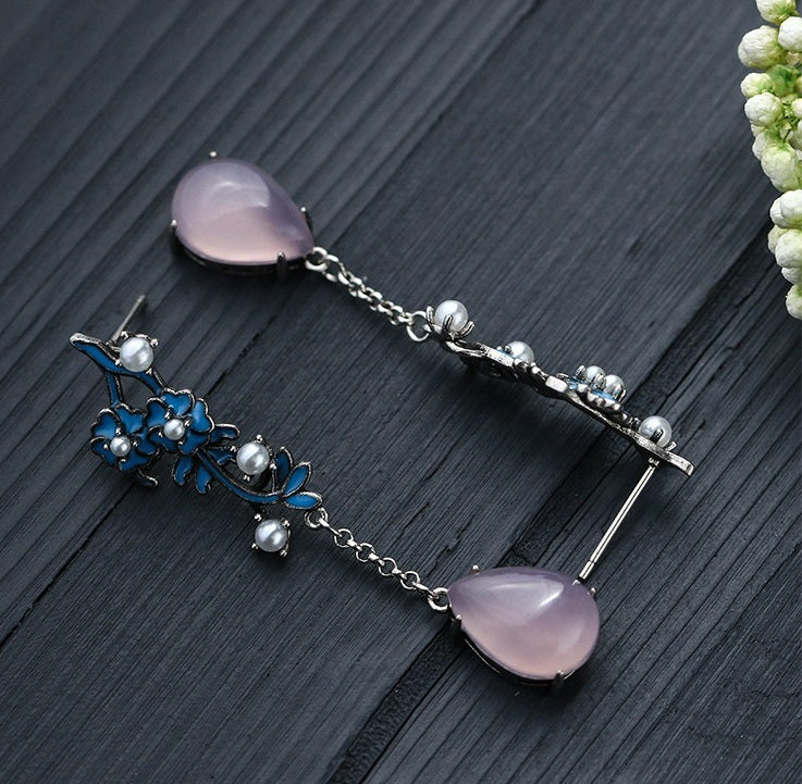 Boucles d'oreilles artisanales vintage en émail cloisonné et perle bleue brûlée, calcédoine violette naturelle