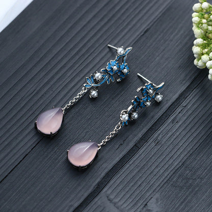 Boucles d'oreilles artisanales vintage en émail cloisonné et perle bleue brûlée, calcédoine violette naturelle