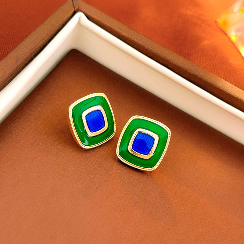 925 Silver Needle Vintage Glaze Flowers Geometric Earrings