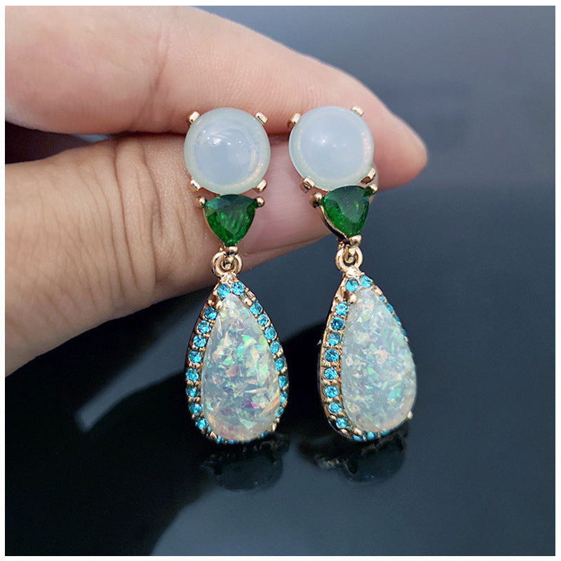 Noble Imitation Natural Jade and Chalcedony Opal Earrings