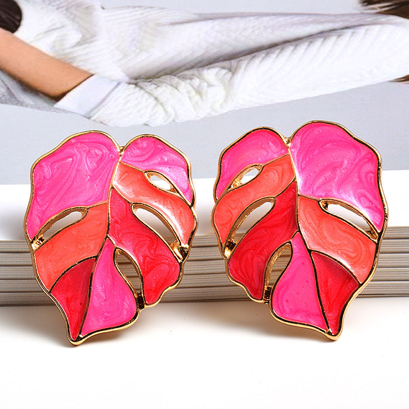 Fashion Alloy Enamel Leaf Dripping Metal Earrings