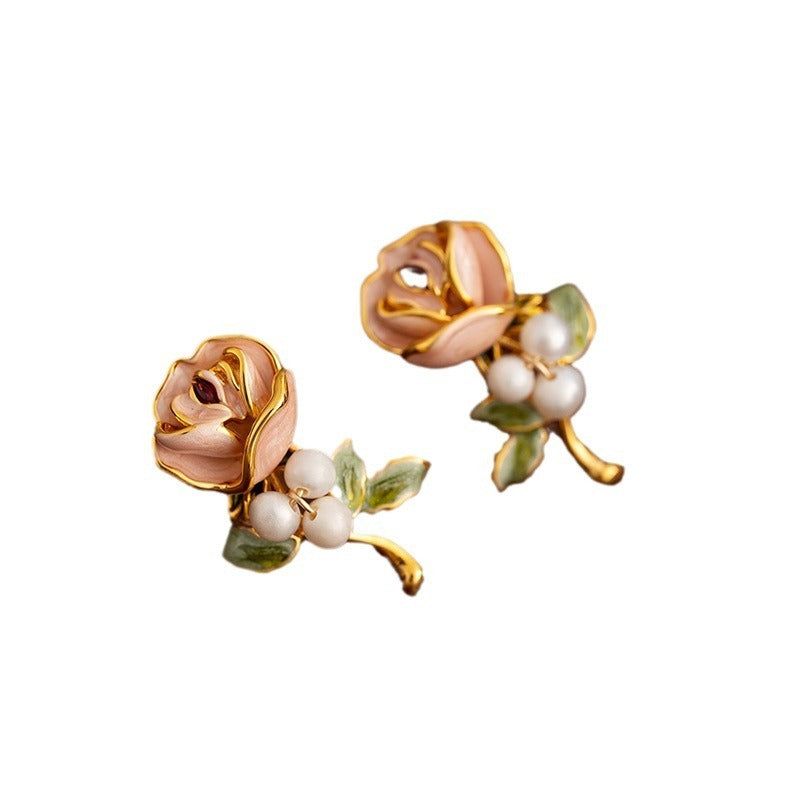 Clous d'oreilles en émail style rétro pour femme avec fleur de perle et huile goutte à goutte, style classique, moyen et ancien, français