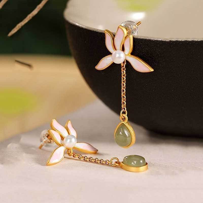 S925 Sterling Silver Gold Plated Hetian Gray Jade Stud Earrings