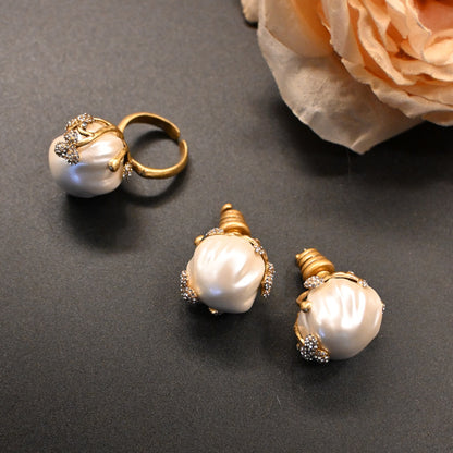 Vintage Brass Inlaid Baroque Pearl Bud Earrings And Ring