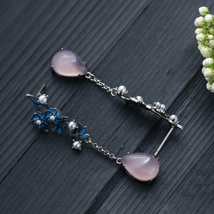 Boucles d'oreilles artisanales vintage en émail cloisonné et perle bleue brûlée, calcédoine violette naturelle