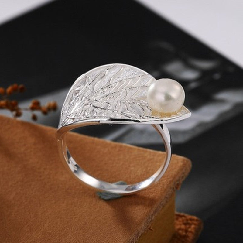 S925 Sterling Silver Lotus Leaf Pearl Ring