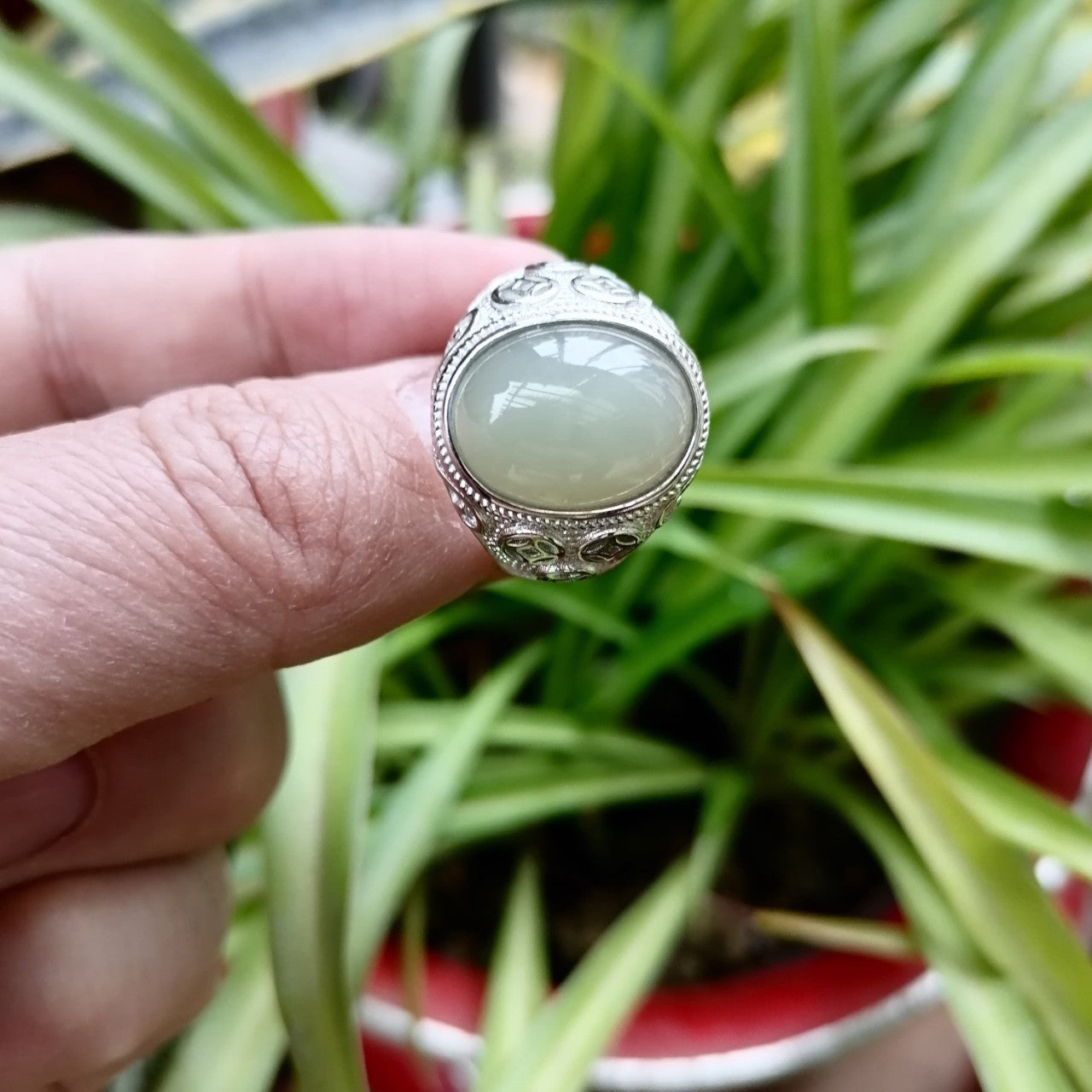 S925 Silver Inlaid Hetian Jade Ring White Jade Ring