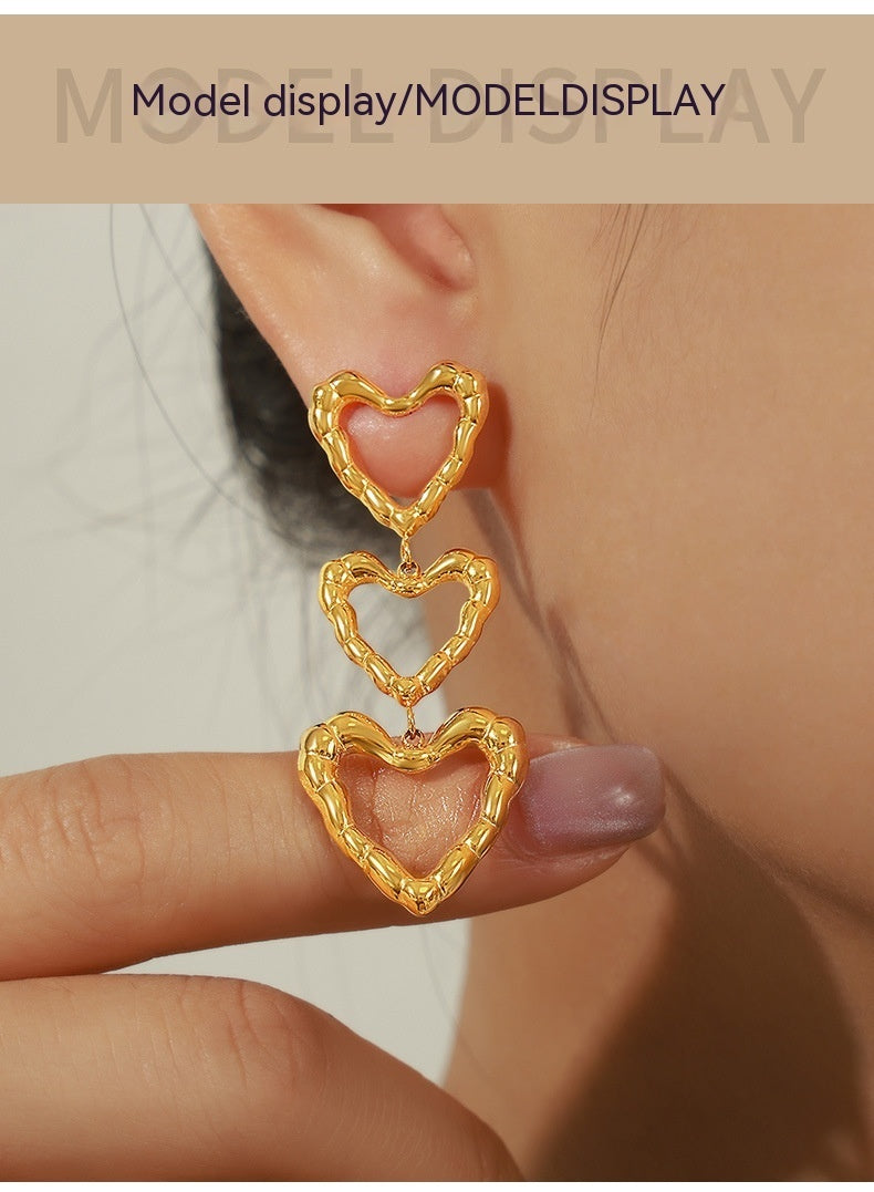 High-grade Peach Heart Earrings Titanium Steel Gold Plated Retro Minority Irregular Design