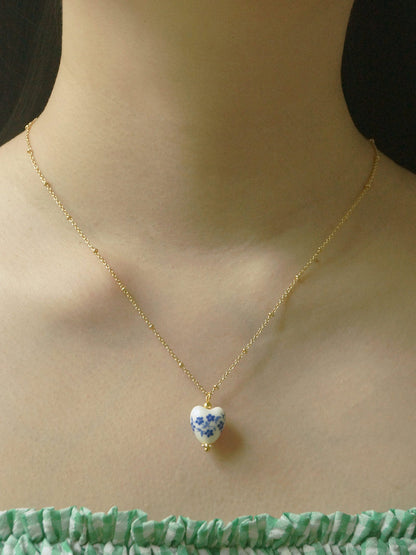 Collier en porcelaine bleue et blanche en forme de cœur de style chinois rétro pour femmes, boucles d'oreilles sauvages élégantes en acier titane