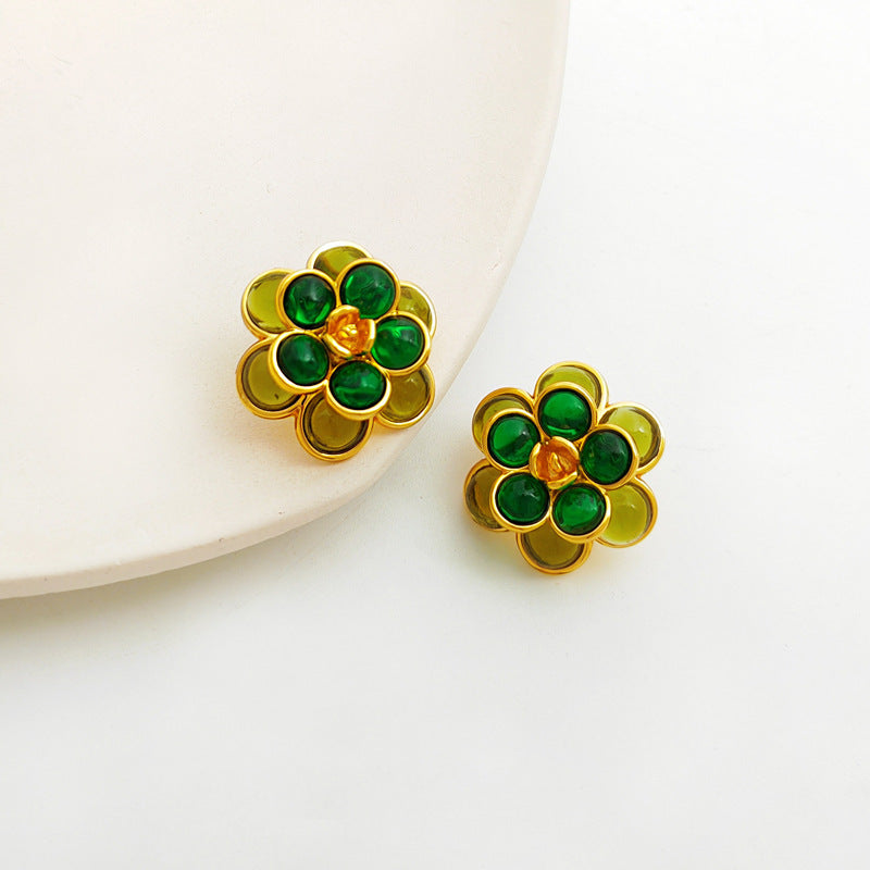 Art Nouveau Gold Plated Silver Green Flower Silver Needle Earrings