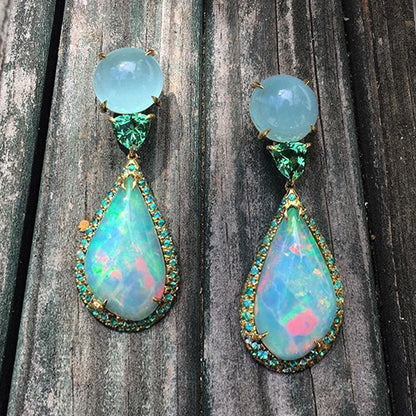 Noble Imitation Natural Jade and Chalcedony Opal Earrings