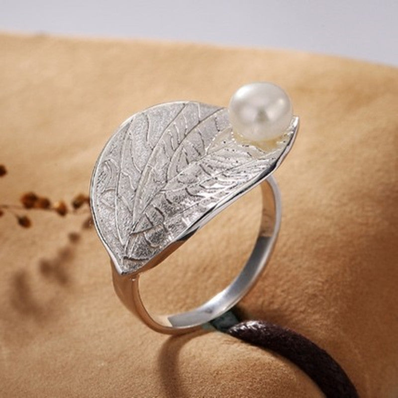 S925 Sterling Silver Lotus Leaf Pearl Ring